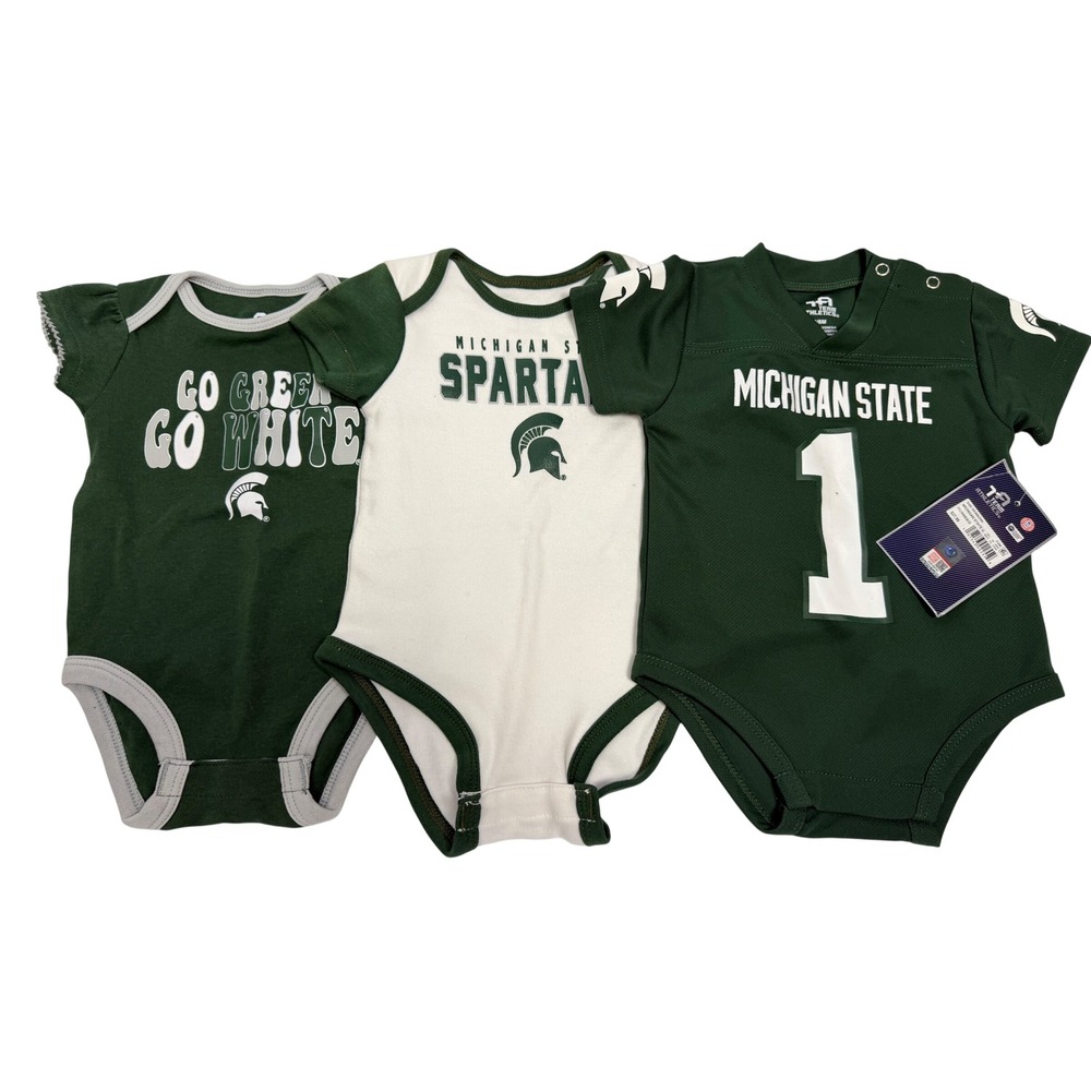 Team Athletics Michigan State Spartans Baby Bodysuit Set Green White 0-6M NWT